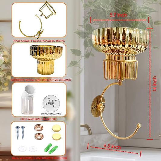 Hanging Plant Wall Vessel for Flowers with Hook, Indoor Outdoor Boho Bathroom Decor Wall Art Planter Mounted Vase (Gold)