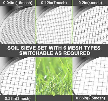 Bonsai Soil Sifter Set for Gardening - Soil Sieve with 5 Interchangeable Mesh (1mm, 3mm, 5mm, 7mm, 9mm), Garden Sifting Screen for Dirt, Sand, Rock, Filtration, Compost and Bonsai