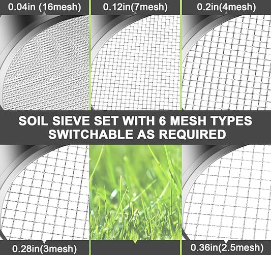 Bonsai Soil Sifter Set for Gardening - Soil Sieve with 5 Interchangeable Mesh (1mm, 3mm, 5mm, 7mm, 9mm), Garden Sifting Screen for Dirt, Sand, Rock, Filtration, Compost and Bonsai