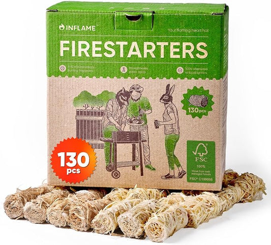 Inflame Fire Starters 130 pcs Fire Starters for Campfires, Grill, BBQ, Fireplace, Woodstove - Charcoal Starter - Waterproof, Weather-Resistant - Natural Wood Fireplace Starters