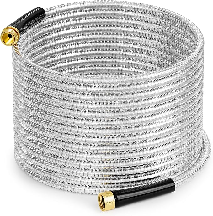 SPECILITE Stainless Steel Garden Water Hose 50 FT, Flexible and Lightweight Pipe, Non-Expandable Heavy Duty Metal Waterhose with Brass Fittings for Reel, Yard, Outdoor, Boat