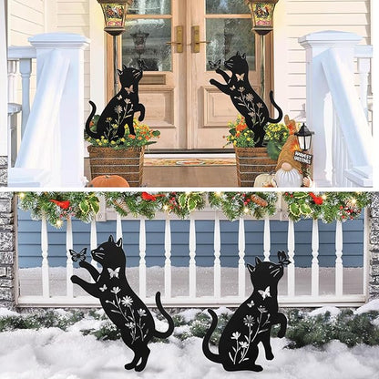 Metal Cat Garden Decor for Outside,Set of 2 Black Cat Silhouette Garden Stakes,Cat Yard Decor Outdoor