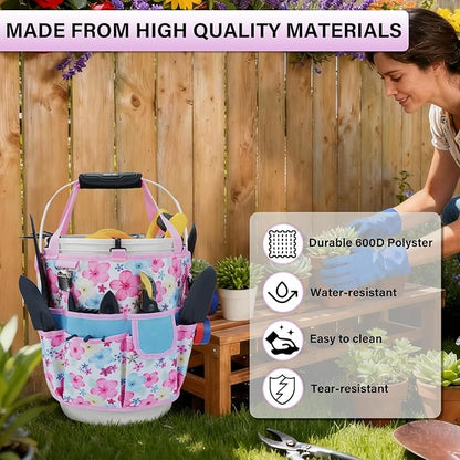 KUNN Gardening Gift for Women Men 5 Gallon Bucket Tool Organizer with 18 Pockets, Heavy-Duty Bucket Buddy Caddy Bag, Garden Tools Organizer Storage with Comfort Grip Handle Pad Attachment,Pink