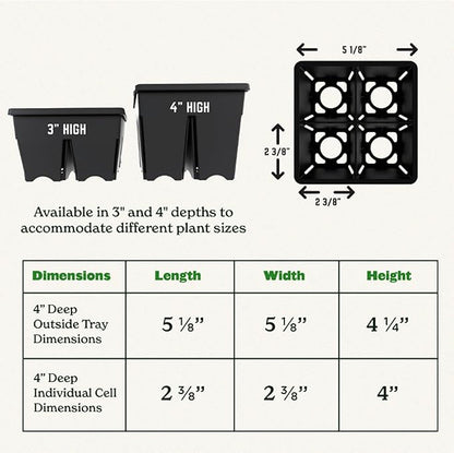 Epic Gardening Reusable Seed Starter Tray - 4 Cell 3"/32 Seedling Starter Trays - Easy Watering, Indoor Greenhouse, Plant Starter, Gardener-Friendly for Seedlings | UV-Treated & BPA-Free - Black