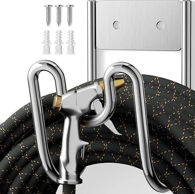 Garden Hose Holder Wall Mount - SS304 Stainless Steel Water Hose Hanger Heavy Duty Rack for Extension Cords Vacuum Hose Outside Silver (1 Pack)