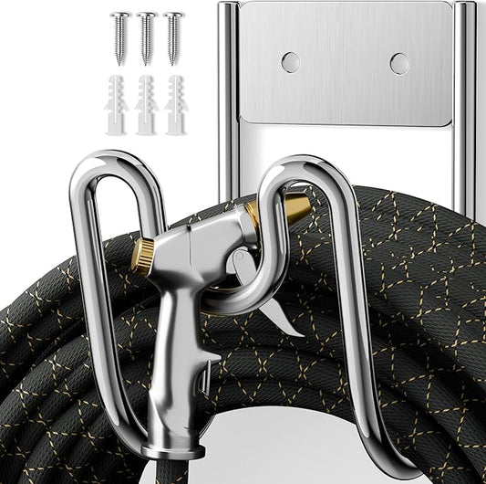 Garden Hose Holder Wall Mount - SS304 Stainless Steel Water Hose Hanger Heavy Duty Rack for Extension Cords Vacuum Hose Outside Silver (1 Pack)