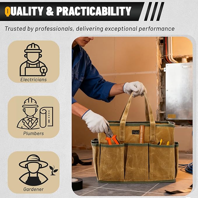 16OZ Waxed Canvas Tool Tote Bag | Large-Capacity Tool Storage Tote with 10 External Pockets | Multi-Purpose Garden Tool Carrier for Gardening, Wrench, and Carpentry Tools – Khaki