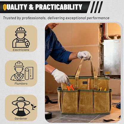16OZ Waxed Canvas Tool Tote Bag | Large-Capacity Tool Storage Tote with 10 External Pockets | Multi-Purpose Garden Tool Carrier for Gardening, Wrench, and Carpentry Tools – Khaki