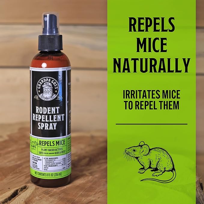 Grandpa Gus's Mouse Rodent Repellent, Peppermint & Cinnamon Oil Formula, Repels Mice & Rats from Nesting, Chewing in Homes/RV, Boat/Car, Storage & Wiring, 8 Oz RTU Spray