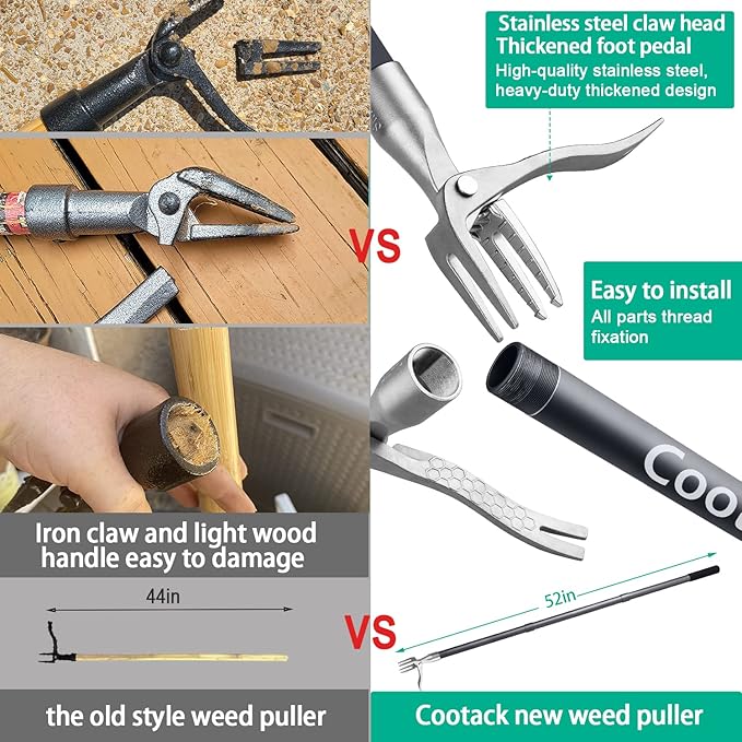 52'' Weed Puller with Long Handle Stand-up Hand Weeder Manual Weeding Tool with Stainless Steel Claw for Garden/Yard/Lawn, Weed Remove Without Bending or Kneeling