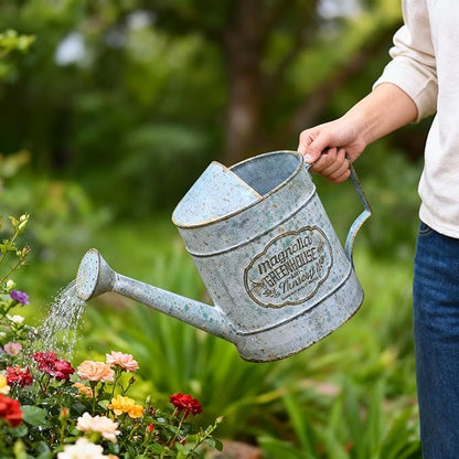 Vintage Galvanized Metal Watering Can, Magnolia Greenhouse Design, Decorative Watering Pot, Functional Garden Waterer for Indoor Outdoor Plant Care, Rustic Decor for Home Garden Patio