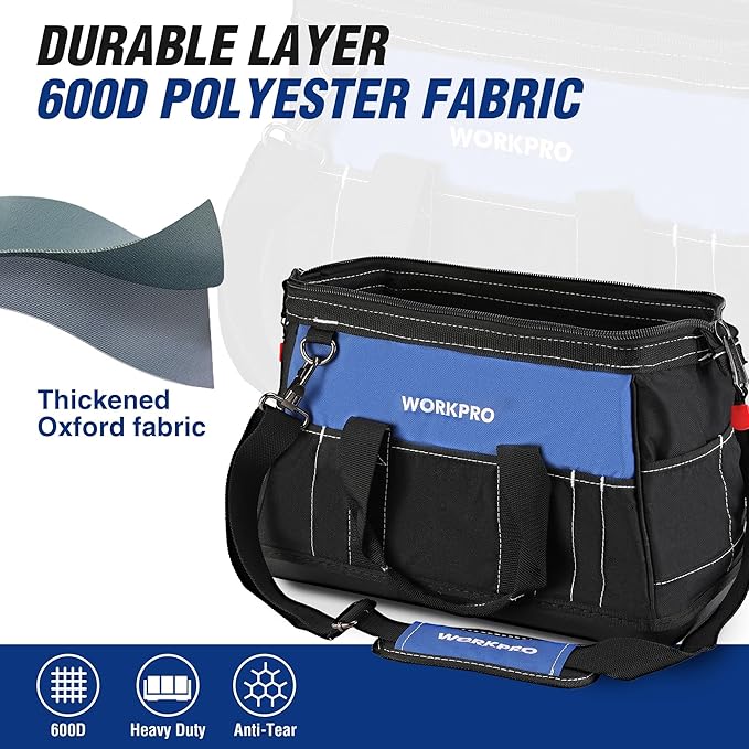 WORKPRO 16-inch Wide Mouth Tool Bag with Water Proof Molded Base