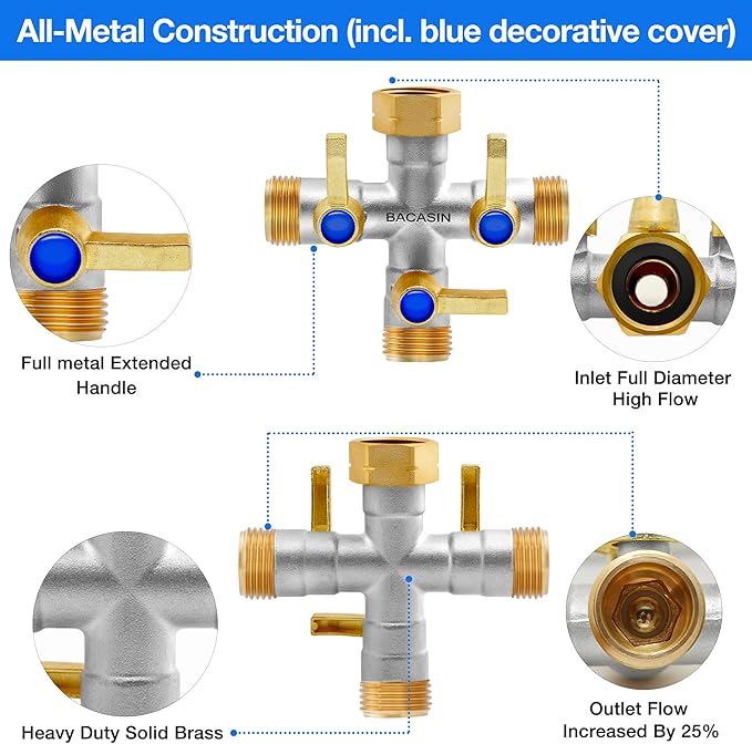 Brass Garden Hose Splitter, 3 Way Hose Splitter, Outdoor Hose Splitter, GHT 3/4 In, Female Inlet And 3 Way 3/4 In (Increase Flow Style) (silver)