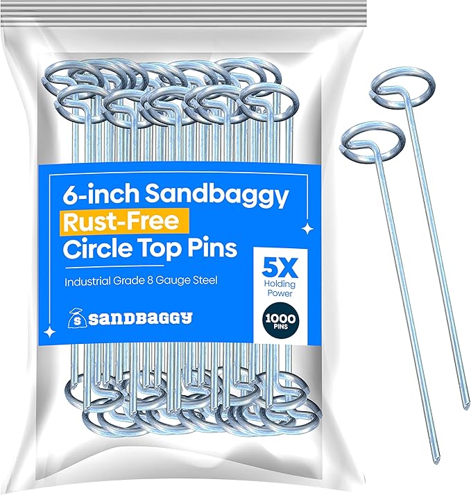 Sandbaggy 6-inch Circle Top Pins - Landscape Staples (Galvanized) - Garden Stakes for Landscaping, SOD - Heavy Duty Ground Stakes, Lawn Turf Spikes, Christmas Decorations, Weed Mats (1000 Pins)