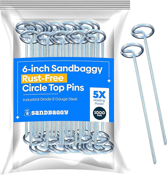 Sandbaggy 6-inch Circle Top Pins - Landscape Staples (Galvanized) - Garden Stakes for Landscaping, SOD - Heavy Duty Ground Stakes, Lawn Turf Spikes, Christmas Decorations, Weed Mats (1000 Pins)