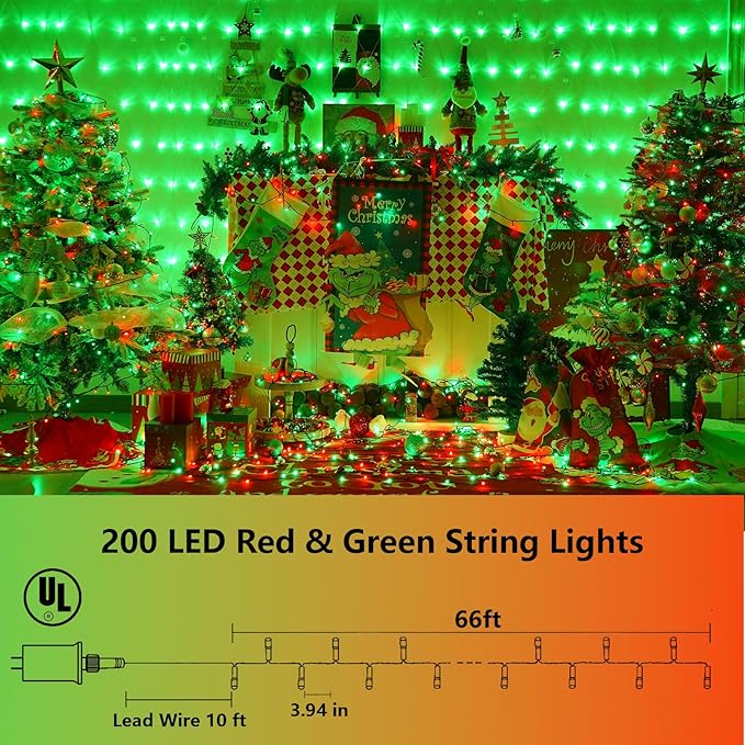 YEGUO 200 LED 66ft Christmas Lights Outdoor Waterproof, Red and Green String Lights Indoor, Green Wire Twinkle Tree Lights Plug in with Timer Memory 8 Modes