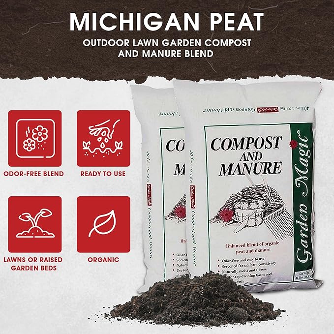 Michigan Peat 2-Pack Compost and Manure Blend, Garden Magic Mix w/Odor-Free Blend, 40 Lbs - Outdoor Lawn and Gardening Mixture with Nutrients and Minerals for Soil Potting and Planting
