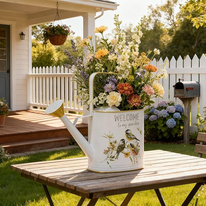 Vintage Decorative Metal Watering Can - Welcome to My Garden with Charming Bird & Floral Design, Rustic Farmhouse Watering Pot Planter for Indoor/Outdoor Plant Care