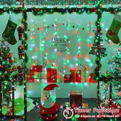 YEGUO 66ft 200 LED Christmas Lights Outdoor Waterproof, 8 Modes Red White and Green String Lights Plug in, Green Wire Twinkle Tree Lights Indoor with Timer Memory