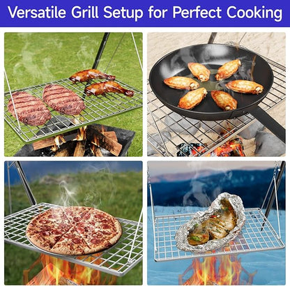 Grill Swing Campfire Cooking Stand, BBQ Grill for Cookware, Bruntmor Dutch Oven Adjustable Collapsible Legs with Hooks and Accessories