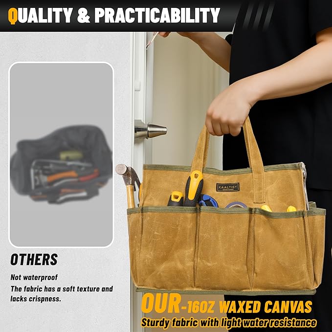 16OZ Waxed Canvas Tool Tote Bag | Large-Capacity Tool Storage Tote with 10 External Pockets | Multi-Purpose Garden Tool Carrier for Gardening, Wrench, and Carpentry Tools – Khaki
