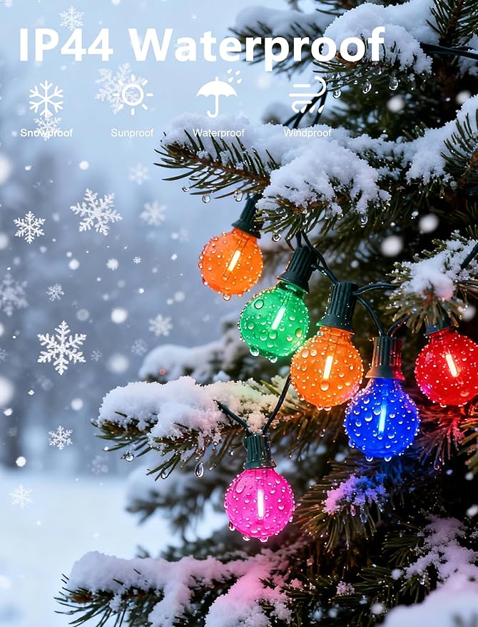 50Ft Outdoor Clear Multicolor Lights, LED G40 Globe Patio String Lights with 25 0.6W Colorful Bulbs(2 Spare), Outside Christmas Lights for Holiday Party Backyard Christmas
