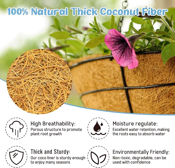 Legigo 3 Pack 8 Inch Hanging Basket Coco Liners Replacement, 100% Natural Round Coconut Coco Fiber Planter Basket Liners for Hanging Basket Flowers/Vegetables