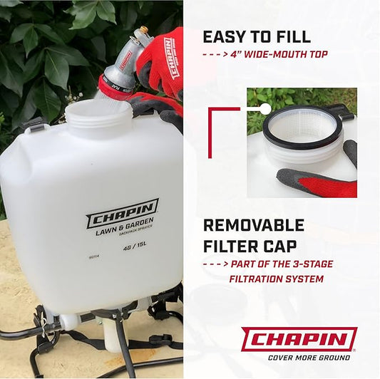 Chapin USA 60114 Made in USA 4-Gallon Backpack Sprayer with 3-Stage Filtration System Pump Pressured Sprayer, for Spraying Plants, Garden Watering, Lawns, Weeds and Pests, Translucent White