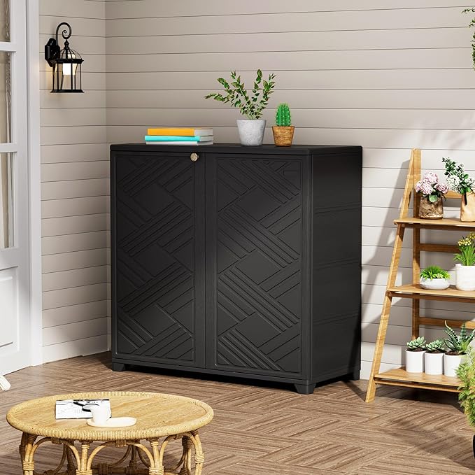 ZZM Indoor/Outdoor Storage Cabinet Waterproof, 34"x15"x34" Plastic Outdoor Storage Box for Garden Balcony Bathroom, All Weather Outdoor Storage Clearance, DIY Usage, with 2 Shelf (Black)