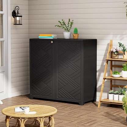 ZZM Indoor/Outdoor Storage Cabinet Waterproof, 34"x15"x34" Plastic Outdoor Storage Box for Garden Balcony Bathroom, All Weather Outdoor Storage Clearance, DIY Usage, with 1 Shelf (Black)