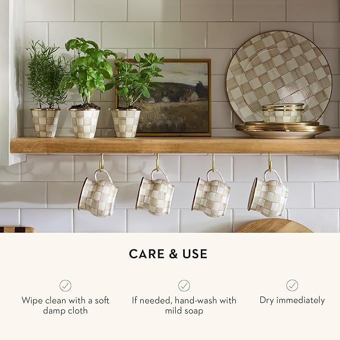 MACKENZIE-CHILDS Enamel Herb Pots, Small Plant Pots for Herbs or Flowers, Set of 3, Brown-and-White Mocha Check