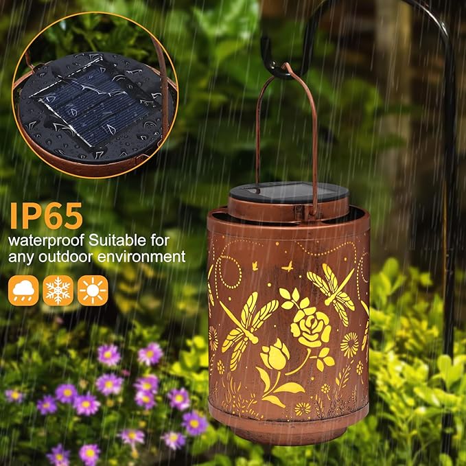 2 Pack Solar Lanterns Garden Decor Birthday Gifts for Women Mon Grandma Metal Hanging Solar Lights Waterproof Outdoor Decoration for Outside LED Lanterns for Yard (Dragonfly)
