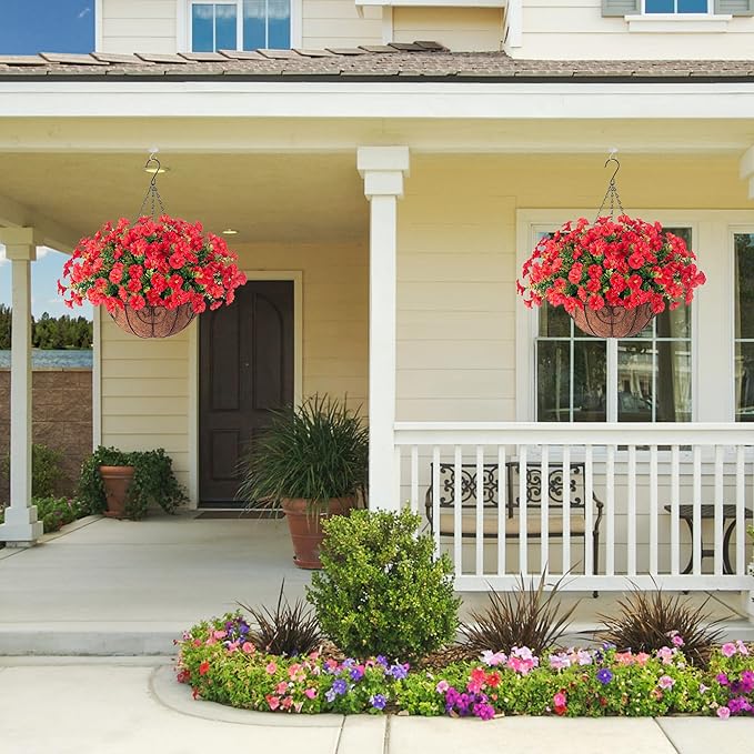HyeFlora Artificial Fake Hanging Flowers for Outdoors Baskets Spring Decor, Faux Hanging Plants Outside Silk Morning Glory in Planter Look Real UV Resistant for Outdoor Porch Patio Garden Home, Red
