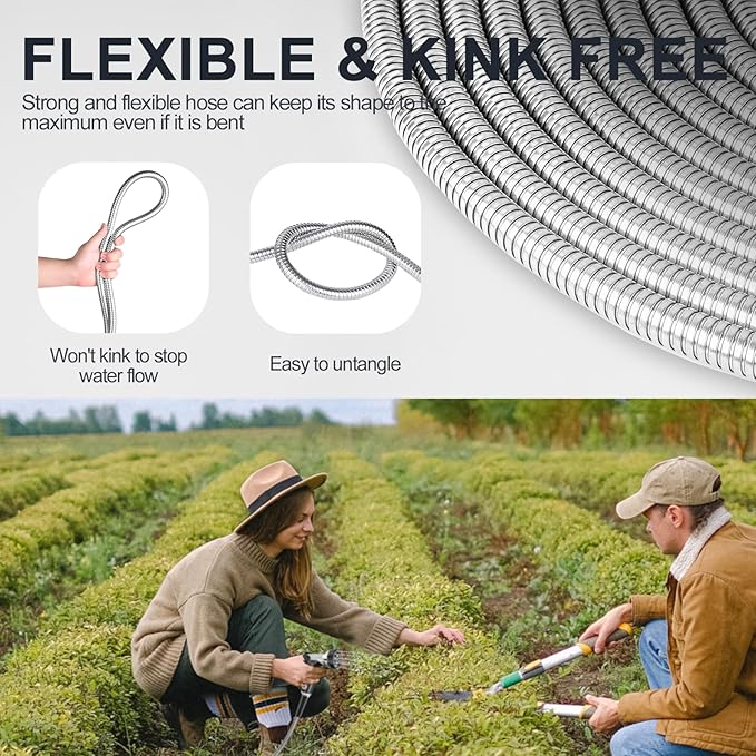 SPECILITE Stainless Steel Garden Water Hose 50 FT, Flexible and Lightweight Pipe, Non-Expandable Heavy Duty Metal Waterhose with Brass Fittings for Reel, Yard, Outdoor, Boat