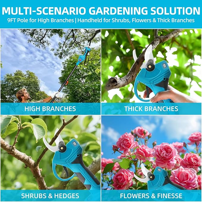 2-IN-1 Brushless Pole Pruning Shear, 2 * 2000mAh Battery, 15ft Reach 1.2" Cutting Diameter, Battery Powered Cordless Electric Pruning Shears, Pole Pruner for Garden Tree Trimming Branch Cutting
