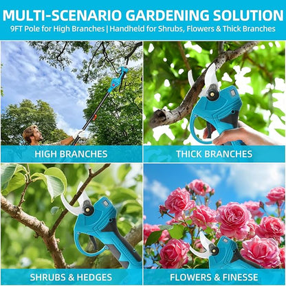 2-IN-1 Brushless Pole Pruning Shear, 2 * 2000mAh Battery, 15ft Reach 1.2" Cutting Diameter, Battery Powered Cordless Electric Pruning Shears, Pole Pruner for Garden Tree Trimming Branch Cutting