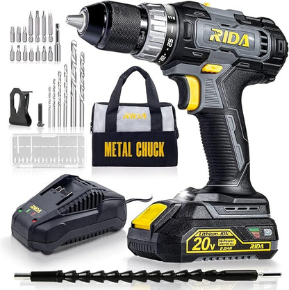 RIDA Cordless Drill Power Drill Cordless 20V 1/2'' Keyless Metal Chuck 355 In-lb(40N.m) Torque with 2.0AH Li-ion Battery & Fast Charger, Variable Speed, 25+1 Position and 22pcs Bits