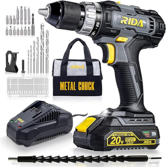 RIDA Cordless Drill Power Drill Cordless 20V 1/2'' Keyless Metal Chuck 355 In-lb(40N.m) Torque with 2.0AH Li-ion Battery & Fast Charger, Variable Speed, 25+1 Position and 22pcs Bits