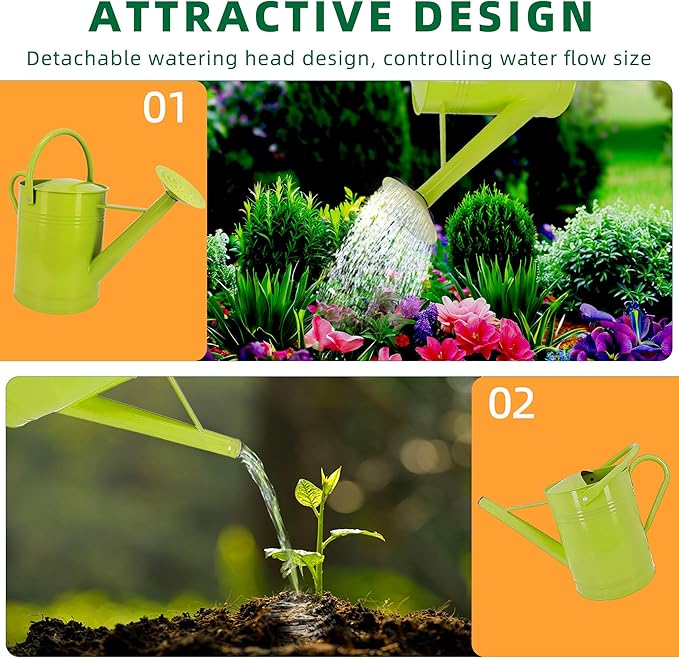 Metal Watering Can for Outdoor Plants, 2 Gallon Galvanized Steel Watering Can with Removable spout (Green)