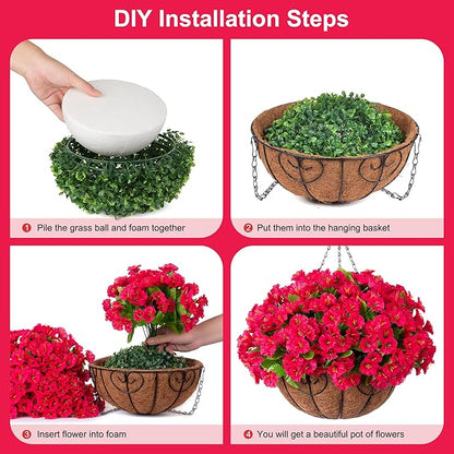 Artificial Hanging Flower Plants with Basket for Outdoor Decoration, Faux Petunias Flowers Fake Morning Glory Planter for Outside Patio Garden Porch Balcony Yard Decor(Rose Red)
