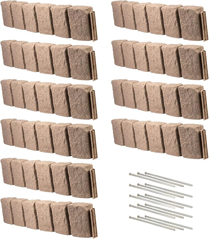 Beuta Landscape Edging | Garden Edging Border | Faux Stone Block XL for Lawn Edging, Flower Beds & Yard Edging – 10 Pack | Each Section Has 6 Blocks 48" L x 4" W x 9.5" H | 30 Spikes | Sandstone