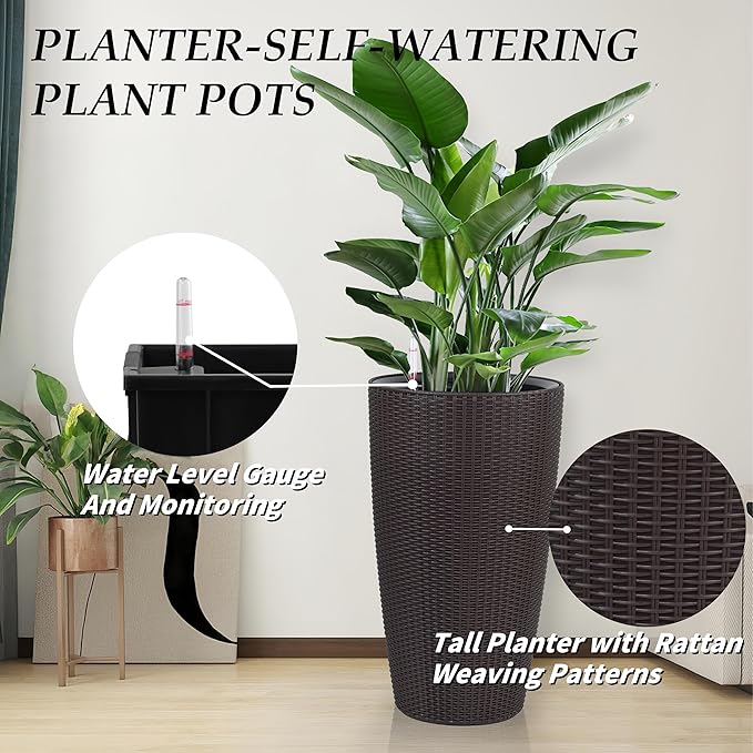 22" Tall Planter Set of 2, Large Self Watering Pots for Indoor/Outdoor Plants with Drain Holes, Water Level Monitor, Inner Bucket for Front Porch Patio, Brown Rattan Conical