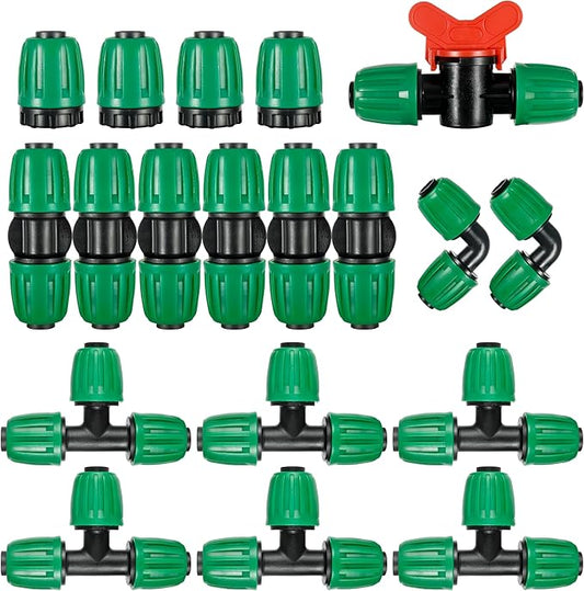 19 Pcs 1/2 Inch Drip Irrigation Fittings Kit (1/2" ID x0.6-0.63" OD) 1/2" Irrigation Tubing Connectors Barbed Locked Nuts Connectors Including 6 Tees, 6 Couplings, 4 Ends 2 Elbows,1 Switch Valves