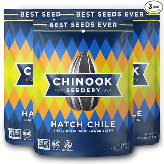 Chinook Seedery Roasted Sunflower Seeds - Jumbo Seeds Keto Snacks - Best For Snack Packs - Gluten Free, Non GMO Snack Food Gifts - 4 Ounce (Pack of 3) - Hatch Chile Flavor Pack