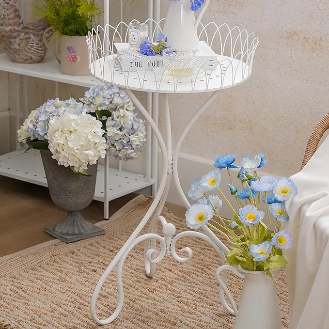 White Round Tabletop Plant Stand, French Vintage Metal Flower Pot Riser with Ornate Edge Detailing, Centerpiece Garden Decor