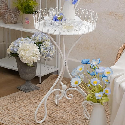 White Round Tabletop Plant Stand, French Vintage Metal Flower Pot Riser with Ornate Edge Detailing, Centerpiece Garden Decor