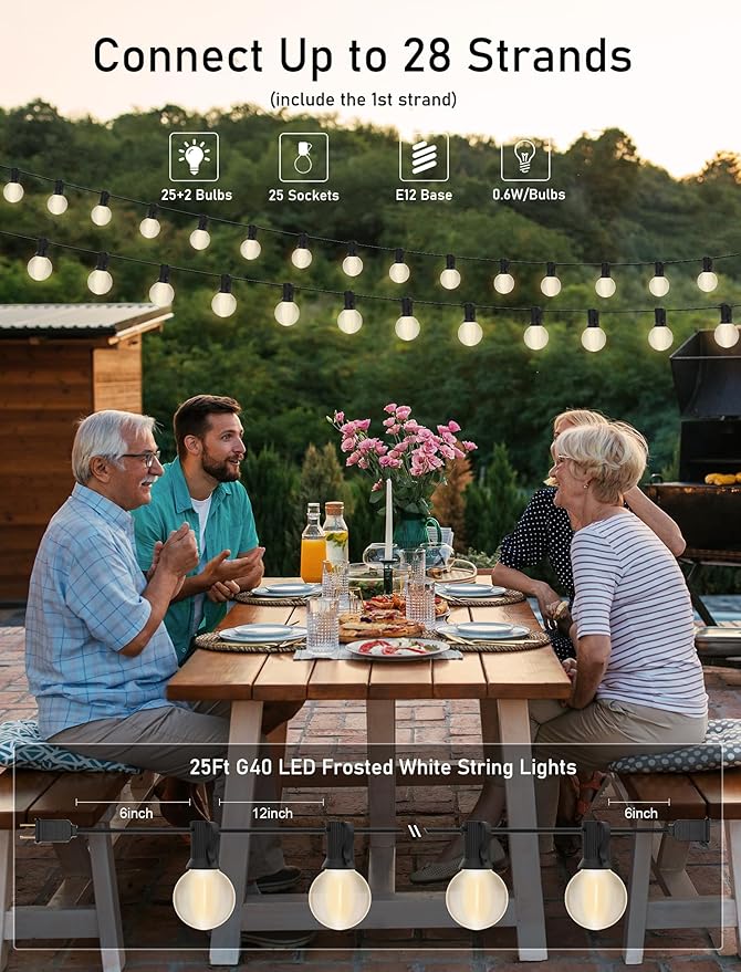 G40 25FT LED Outdoor String Lights,Frosted Patio Lights with 27 (2 Spare) Plastic Shatterproof Globe Bulbs,Connectable Outside Hanging Lights for Porch,Garden, Backyard,Wedding Decor