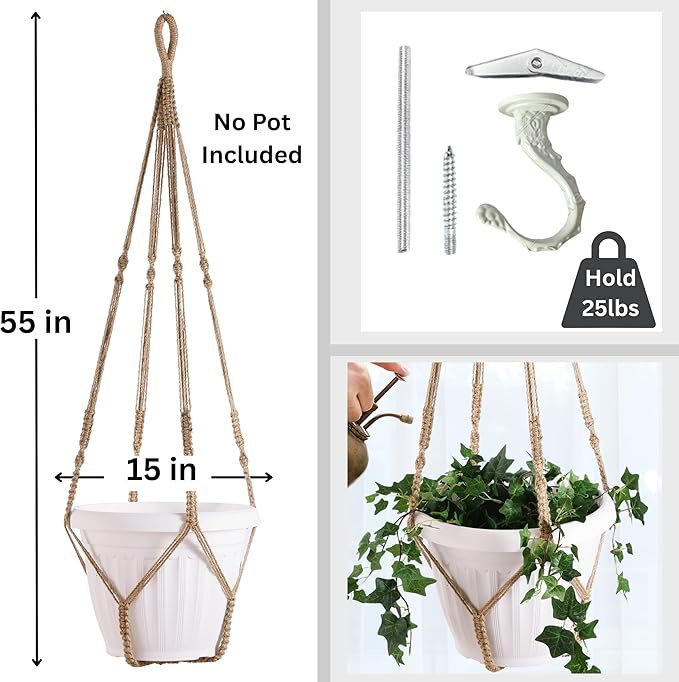2 Pack Giant XXL 55 Inches Macrame Planter Hanger Large for 15 inch Pot + Swag Hook | Extra Large Hanging Planter for Indoor Plants | No Pot/Plant Included (XXL Jute)