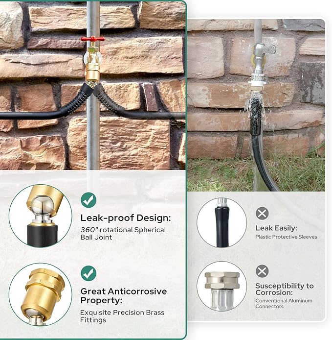 HOMEIDEAS Short Rubber Garden Hose 3 Feet - Newly Leak-proof & Kink-Free Design | Freely Rotational Spherical Ball Joint, Anticorrosive 3/4" Brass Fittings - Perfect for Outdoor Watering