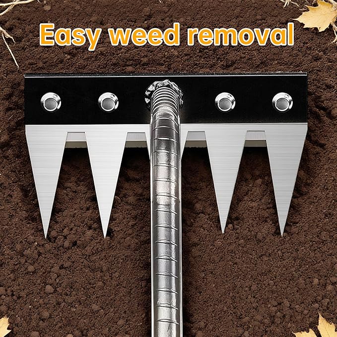 Iron Weeding Rake, 5-Teeth Detachable Gardening Hand Weeder Tool with Ergonomic Grip, Heavy-Duty Hand Weeder Puller Tool for Yard & Lawn & Flowerbeds